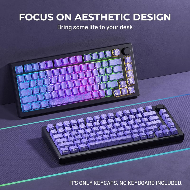 HITIME XVX Shine Through Keycaps w/IMD Tech, Custom Topographic Keycaps 60 75 100 Percent, Purple Key Cap Set 118 Keys Lines Backlit, OEM Profile Side Printed for Keyboards - Image 2
